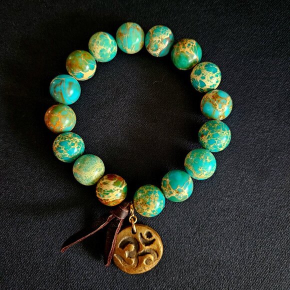 Natural Imperial Jasper Bronze Om Pendant Beaded Bracelet - Picture 1 of 3
